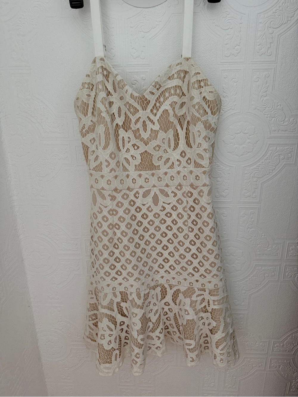 White Lace Mini Dress with Nude Lining